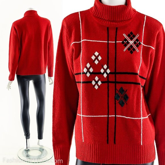 Argyle Red Turtleneck Sweater - Picture 3 of 9